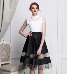 Elegant princess white lace flounces and fly sleeve doll collar chiffon tank tops + shirts at the end of 2-piece 9003