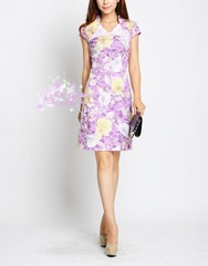 Bloom on the other side ~ Golden floral cheongsam dress with short sleeves v-neck flower classical temperament 907