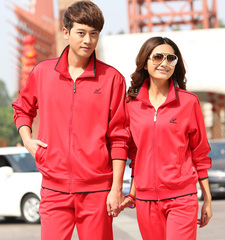 2015春秋南韩丝红色运动服套装女大码长袖运动上衣茄克外套情侣款