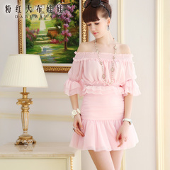 Chiffon Shirt Pink large dolls Amoi 2015 spring dress, light pink flounces bare-shoulder chiffon shirt