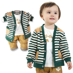 韩版小童春季童装宝宝春装婴儿横条纹开衫三件套男童套装0-1-2岁