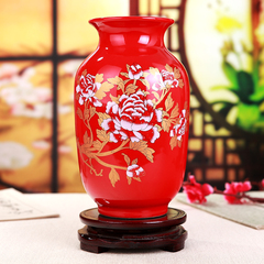景德镇陶瓷器 中国红牡丹花瓶冬瓜瓶 现代时尚装饰品新房婚庆摆设