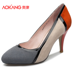 Aokang shoes spring/summer new high heel women's shoes suede leather stitching and elegant Joker OL shoes