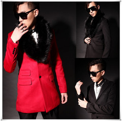 韩版修身大毛领中长款风衣可脱卸成西装领纯色黑色红色保暖外套男