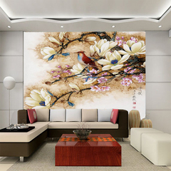 涂图木大型壁画玉兰花鸟中式客厅卧室床沙发书房背景墙纸无缝壁布