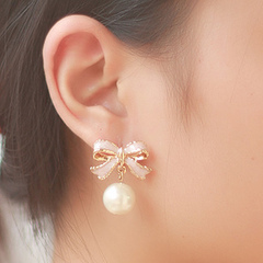 粉色蝴蝶结珍珠个性大气耳环白领韩国饰品批发无耳洞耳夹