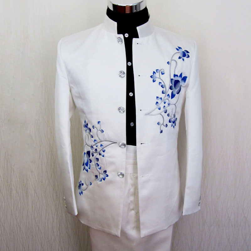 新款青花瓷立领民族中山装  大合唱演出服男士歌手主持人舞台服装