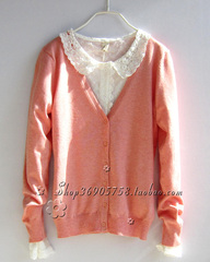 2016春装新款女装修身针织衫女开衫外套甜美风格毛衣橘粉色上衣