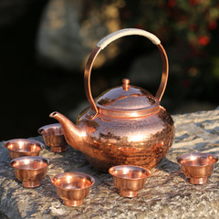 滇都铜器纯铜手工锻打紫铜茶具仿古泡茶壶大容量加厚圆肚高把铜壶