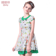 Linda 2015 spring/summer new Qing bi ladies Korean color doll collar high waist skirt print dress