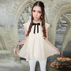 Shirts girls pink dolls nude inlaid bow ruffled sleeveless swing dress shirts