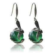 Hong 925 silver white fungus natural green agate earrings decorated Thai silver female and old silversmiths hand vintage long bead earrings