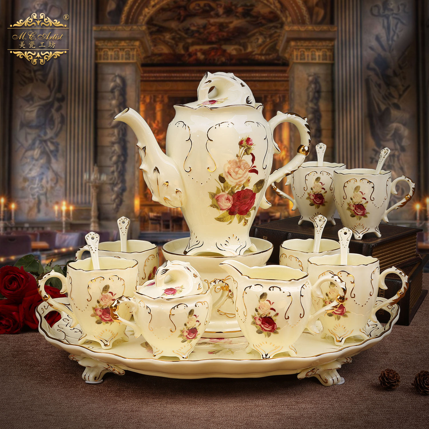 欧式茶具套装带托盘旋转小奢华茶壶茶杯咖啡杯英式下午茶家用陶瓷