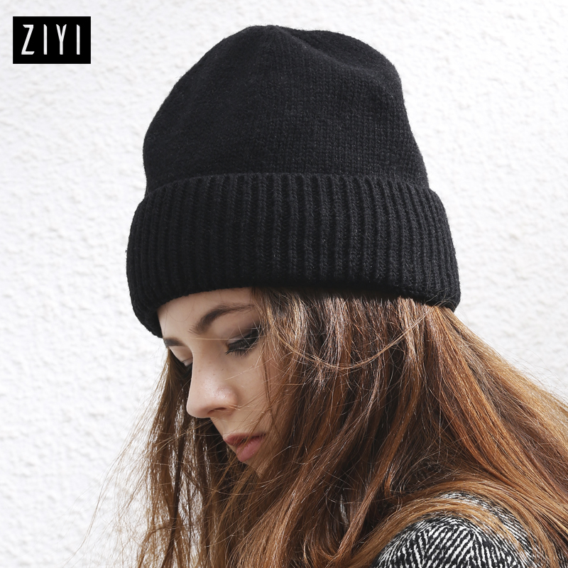 ZIYI 9系纯净版兔绒针织帽女冬天简约纯黑色毛线帽时尚搭配产品展示图3