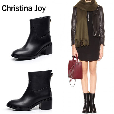 christina joy2016冬季欧美新款真皮中跟粗跟短靴矮筒骑士靴子 女