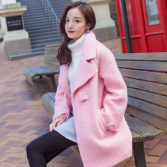 加厚保暖粉色羊毛呢大衣女外套中长款可爱粉中款呢子外套2016新款