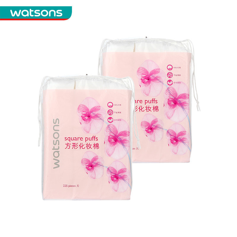 【屈臣氏】花语方形化妆棉225片*2件 轻柔细致表层 无纺布