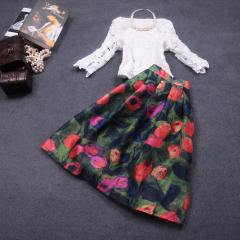 2015 spring new style elegant temperament vintage floral skinny embroidered two-piece dress with lace cropped sleeves #