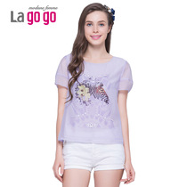 Lagogo/拉谷谷2015夏季新款圆领双层印花网纱T恤上衣EBA611G803