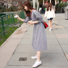 韩国复古连衣裙长款格子收腰显瘦小清新连衣裙