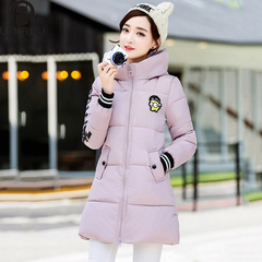 2016冬季女生新款韩版卡通动漫连帽中长款贴布学生棉衣加厚外套潮