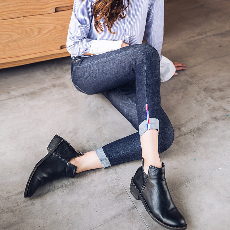 2017秋鼕季新款牛仔褲女長褲高腰九分小腳彈力黑色顯瘦學生鉛筆褲