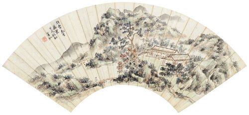黄宾虹秋山清谈扇面50x23厘米山水画中国画复制喷画