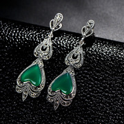Thai import natural green agate earrings 925 Silver Thai fashion loving retro-Thai Tremella ornaments sent his girlfriend