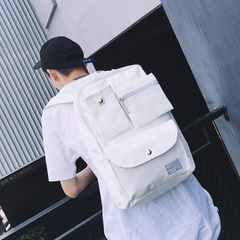 港风潮牌日系男士双肩包韩版潮流男款背包旅行包学生书包白色口袋
