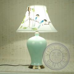 浅蓝色陶瓷台灯梅瓶美式乡村HH客厅仿铜台灯新中式床头灯美式灯具