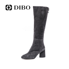 碲铂DIBO2016欧美新款真皮女靴圆头后拉链搭扣粗跟高跟长靴女冬季