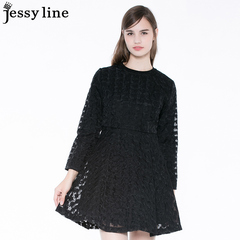jessy line2016冬装新款 杰茜莱纯色气质百搭蕾丝镂空黑色连衣裙