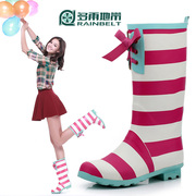 RAINBELT rain-belt Korean version of the contrast color striped tie ladies tall rain boot rain boots rubber shoes