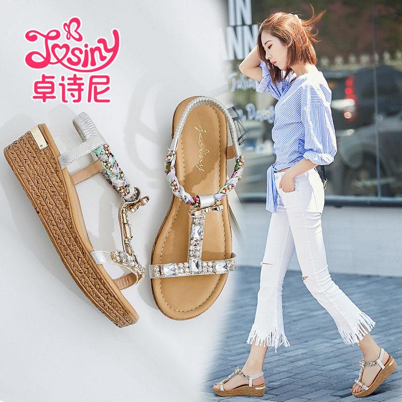 卓詩尼坡跟涼鞋女夏2017新款百搭一字扣松糕厚底學生波西米亞涼鞋
