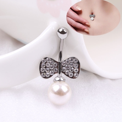 韩国时尚脐环 防过敏粗针医用钢肚脐扣 珍珠镶钻蝴蝶结肚脐钉配饰