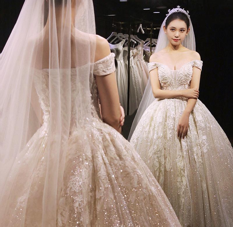 孕妇婚纱高腰蓬蓬裙遮孕肚2019新款新娘韩版大肚子轻纱韩式一字肩