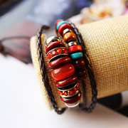 Bracelets woman fashion pink beaded bracelet-punk multilayer bracelet cord adjust the imitation leather bracelet women''s