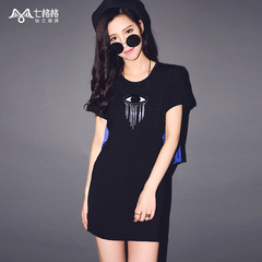 Seven space space OTHERMIX2015 new back contrast color stitching in the summer short sleeve round neck dress