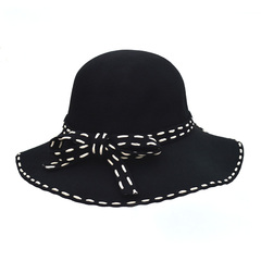 巴黎新款黑白蝴蝶结羊毛帽子女士礼帽呢帽毡帽大檐帽休闲盆帽