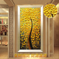 玄关装饰画发财树油画抽象现代客厅走廊过道手绘欧式竖版3d立体画