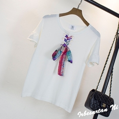 蝴蝶结系带短袖T恤女装宽松显瘦上衣韩版新款夏装纯色冰丝针织衫