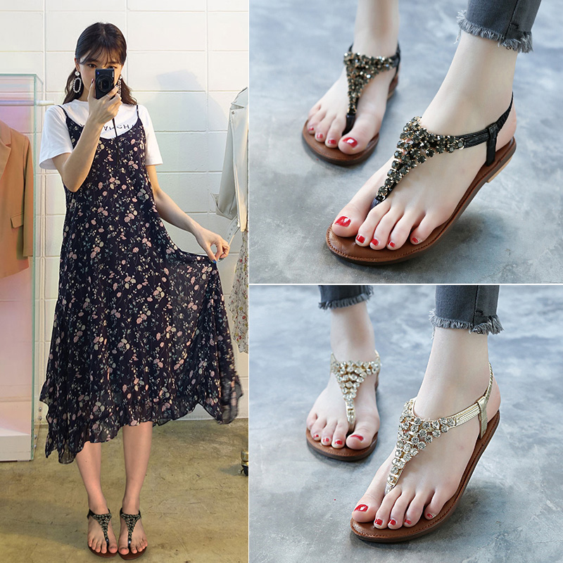 2017夏季新款波西米亞水鑽平底涼鞋女夾腳低跟軟底學生夾趾沙灘鞋
