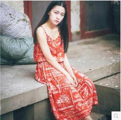 2016春夏女装自制民族风复古文艺 吊带红色森女抽绳连衣裙吊带裙