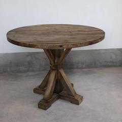 欧式餐桌 复古圆餐桌 美式乡村实木餐桌仿古做旧风格老松木圆桌