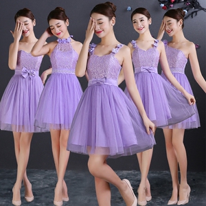 伴娘服短款2021春季新款韩式紫色伴娘团礼服姐妹裙表演主持小礼服