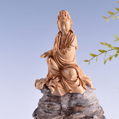 黄杨木岩石底座南海观音雕件 b5