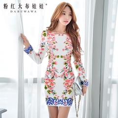 Summer dress big pink doll 2015 new commuter OL temperament long sleeves printed slim bag hip dress