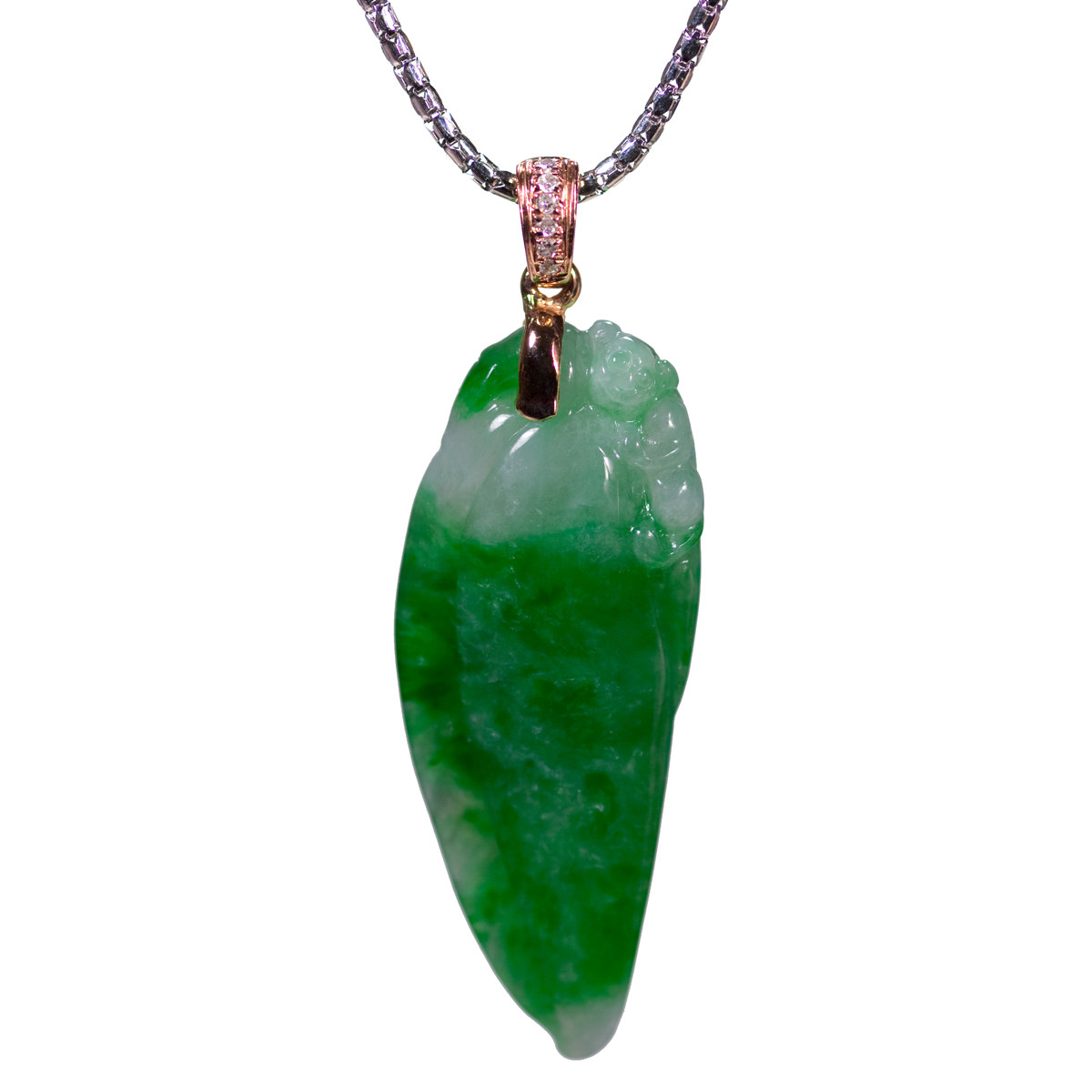 钰达翡翠福瓜项坠挂件 配镶钻18k金扣 玉吊坠带证a货玉挂坠 a6s