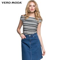 Vero Moda一字领弹力条纹设计短款女T恤|315201099