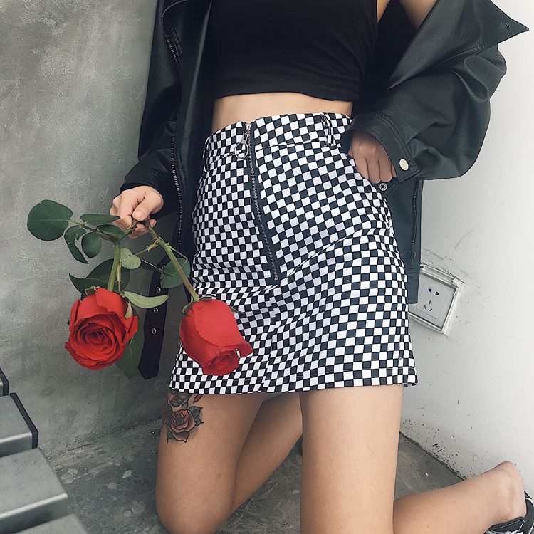 the republic of korea ulzzang Harajuku ring Half Zip Black and white grid fashion Short skirt A skirt skirtin the Women's clothing/Boutique , Skirts category - from Buy2taobao.com to provide professional Taobao agent buy service